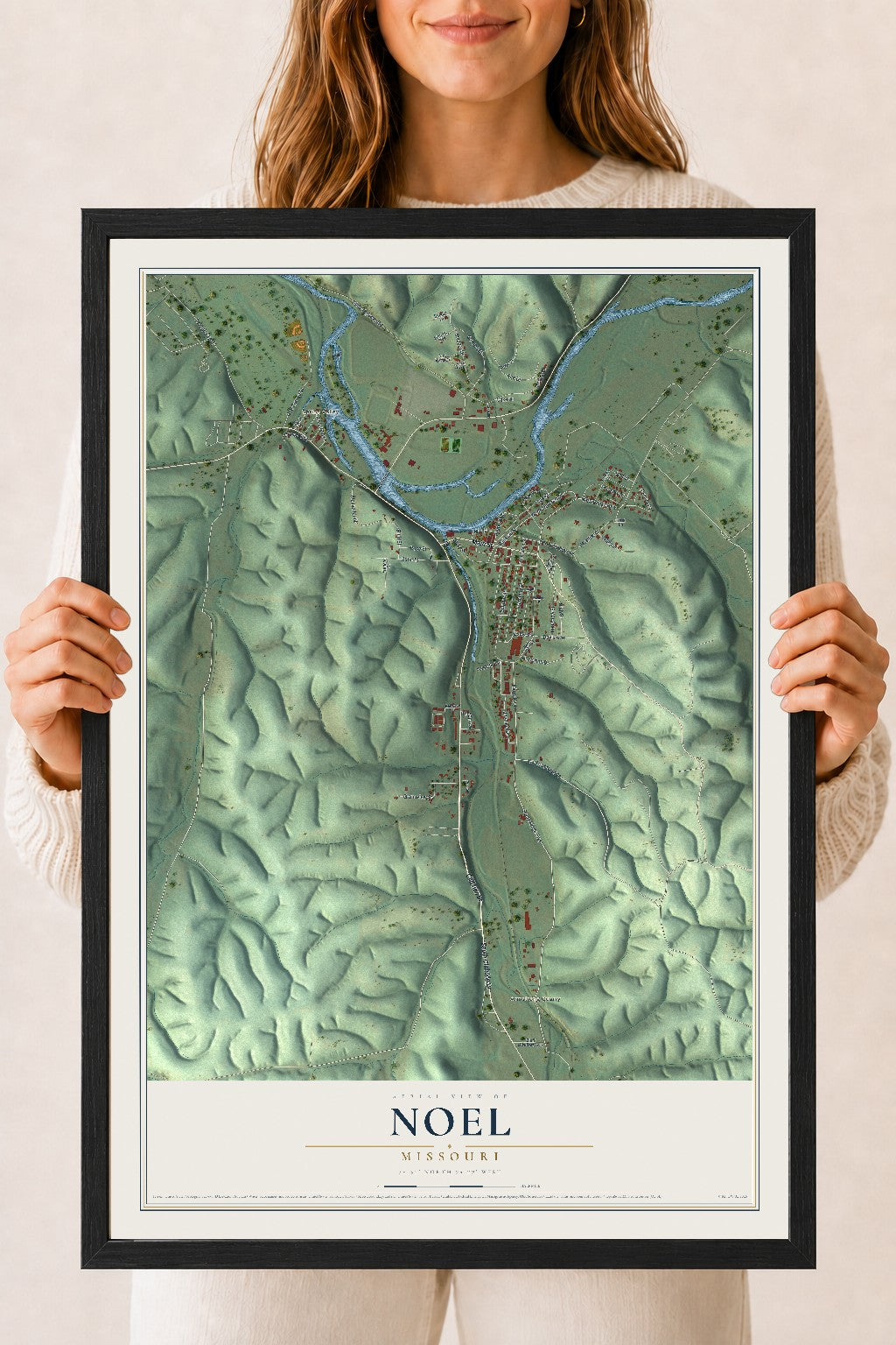Map of Noel, Missouri, 18 x 24 inch print in a black wood frame