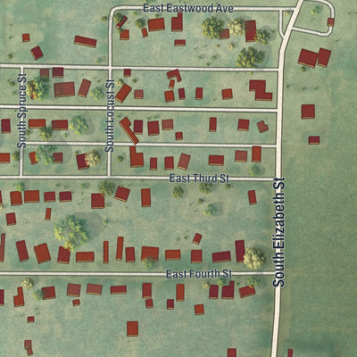 Second close-up of the map of Norborne, Missouri print showing more streets and buildings