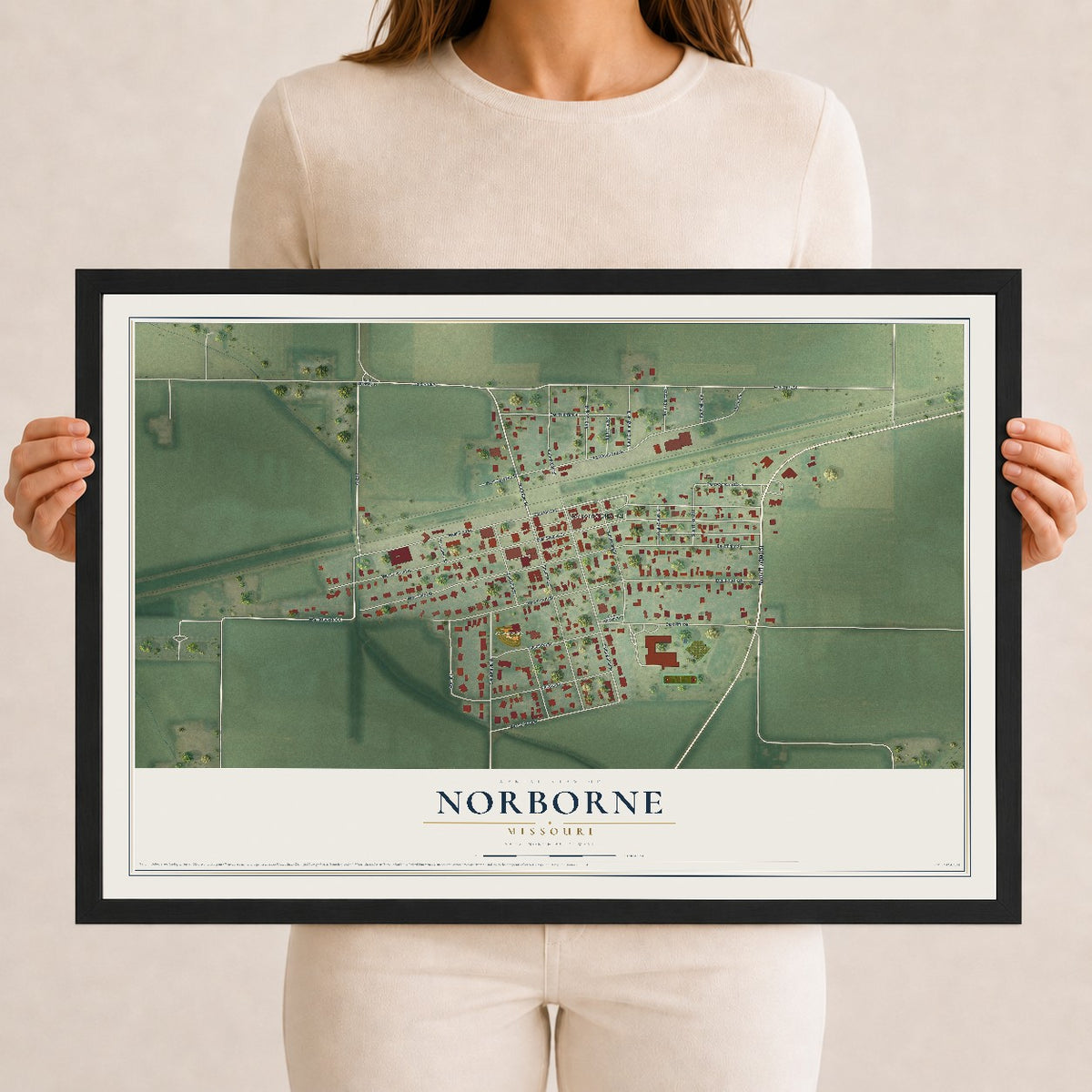 Map of Norborne, Missouri, 12 x 18 inch print in a black wood frame