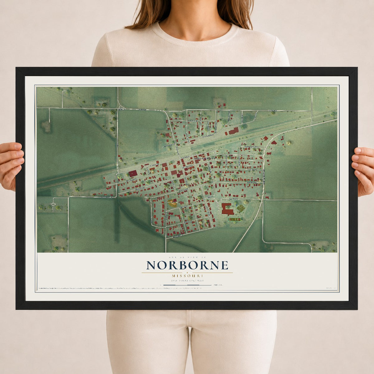 Map of Norborne, Missouri, 18 x 24 inch print in a black wood frame