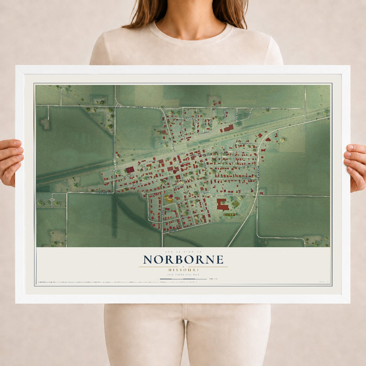 Map of Norborne, Missouri, 18 x 24 inch print in a white wood frame