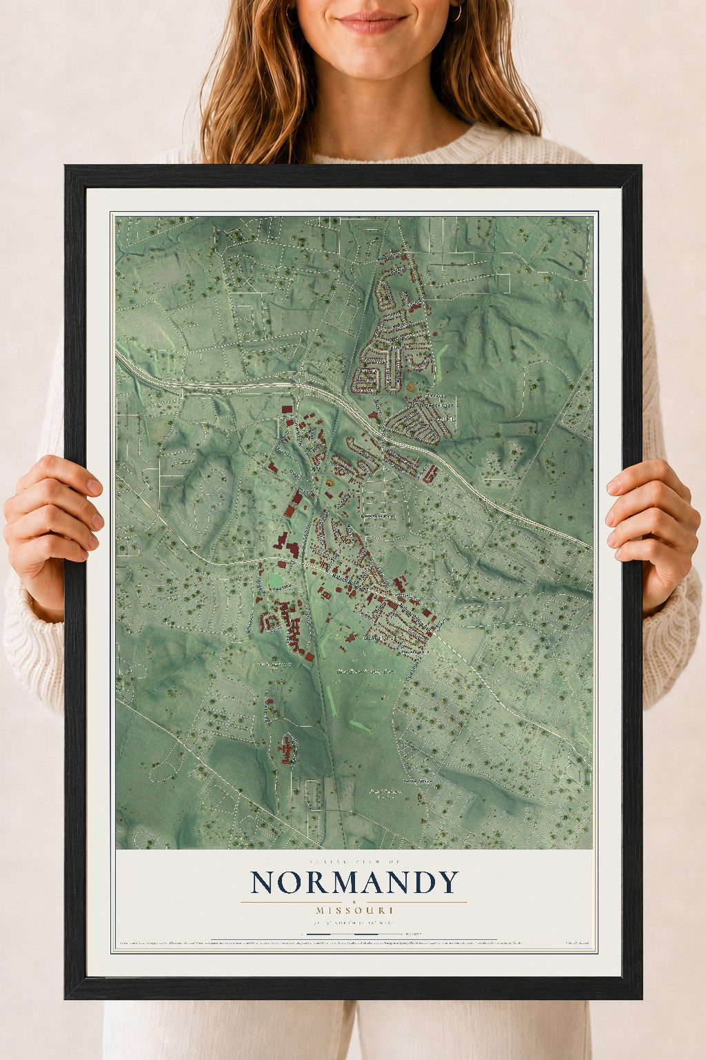 Map of Normandy, Missouri, 18 x 24 inch print in a black wood frame