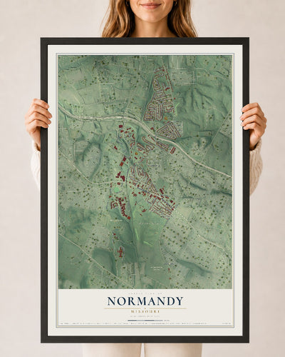 Map of Normandy, Missouri, 24 x 36 inch print in a black wood frame