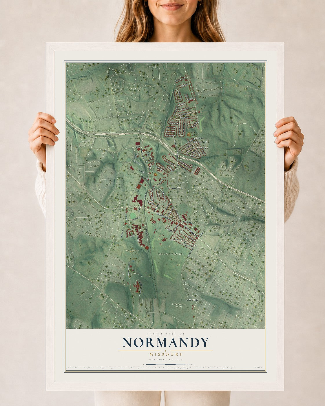 Map of Normandy, Missouri, 24 x 36 inch print in a white wood frame