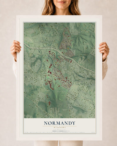 Map of Normandy, Missouri, 24 x 36 inch print in a white wood frame