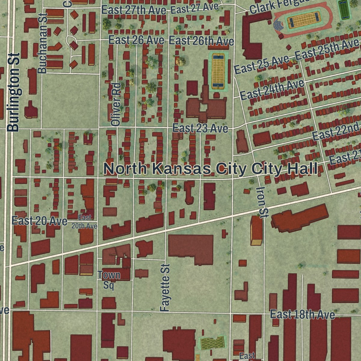 Close-up of the map of North Kansas City, Missouri print showing street and building detail