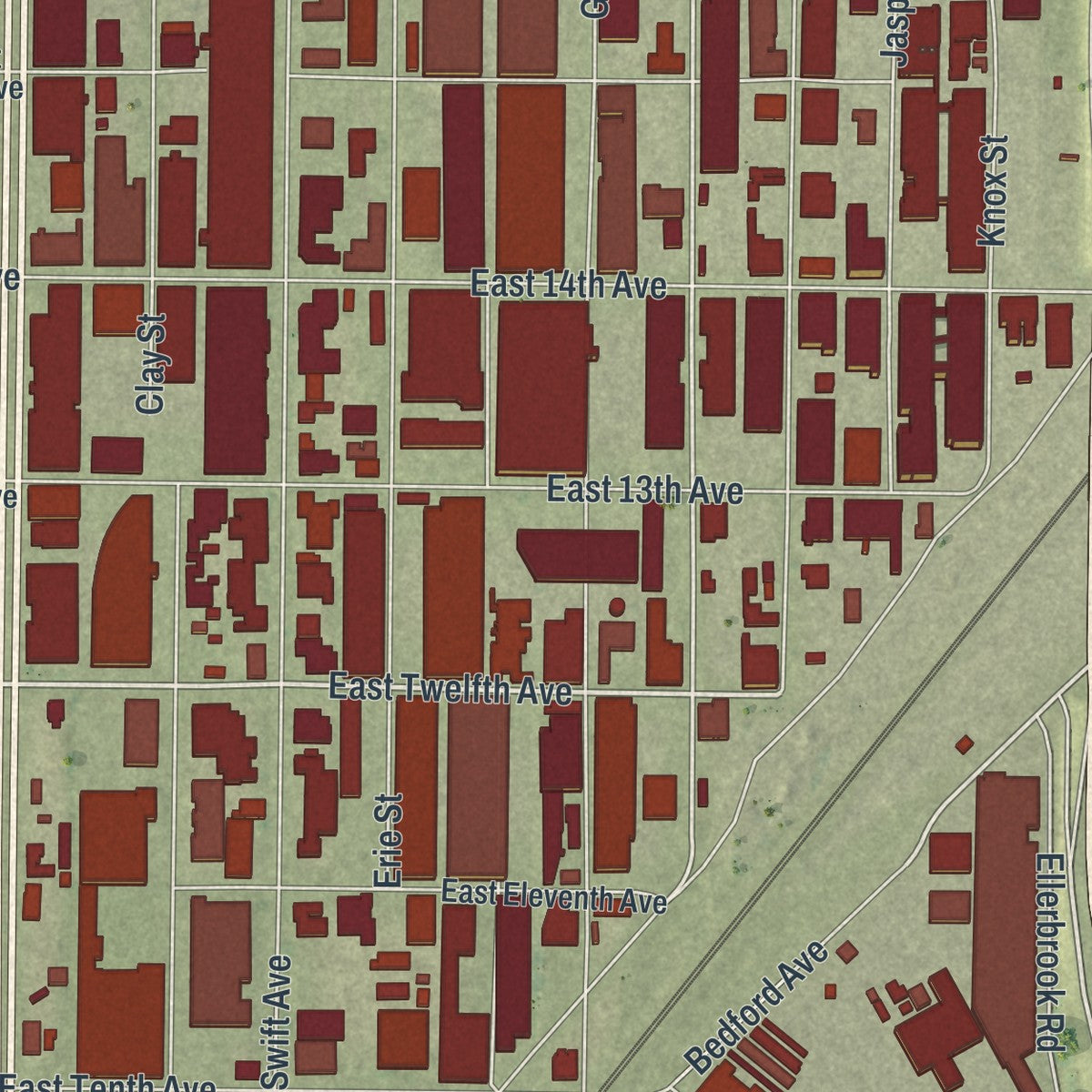 Second close-up of the map of North Kansas City, Missouri print showing more streets and buildings