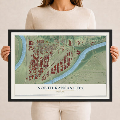 Map of North Kansas City, Missouri, 12 x 18 inch print in a black wood frame