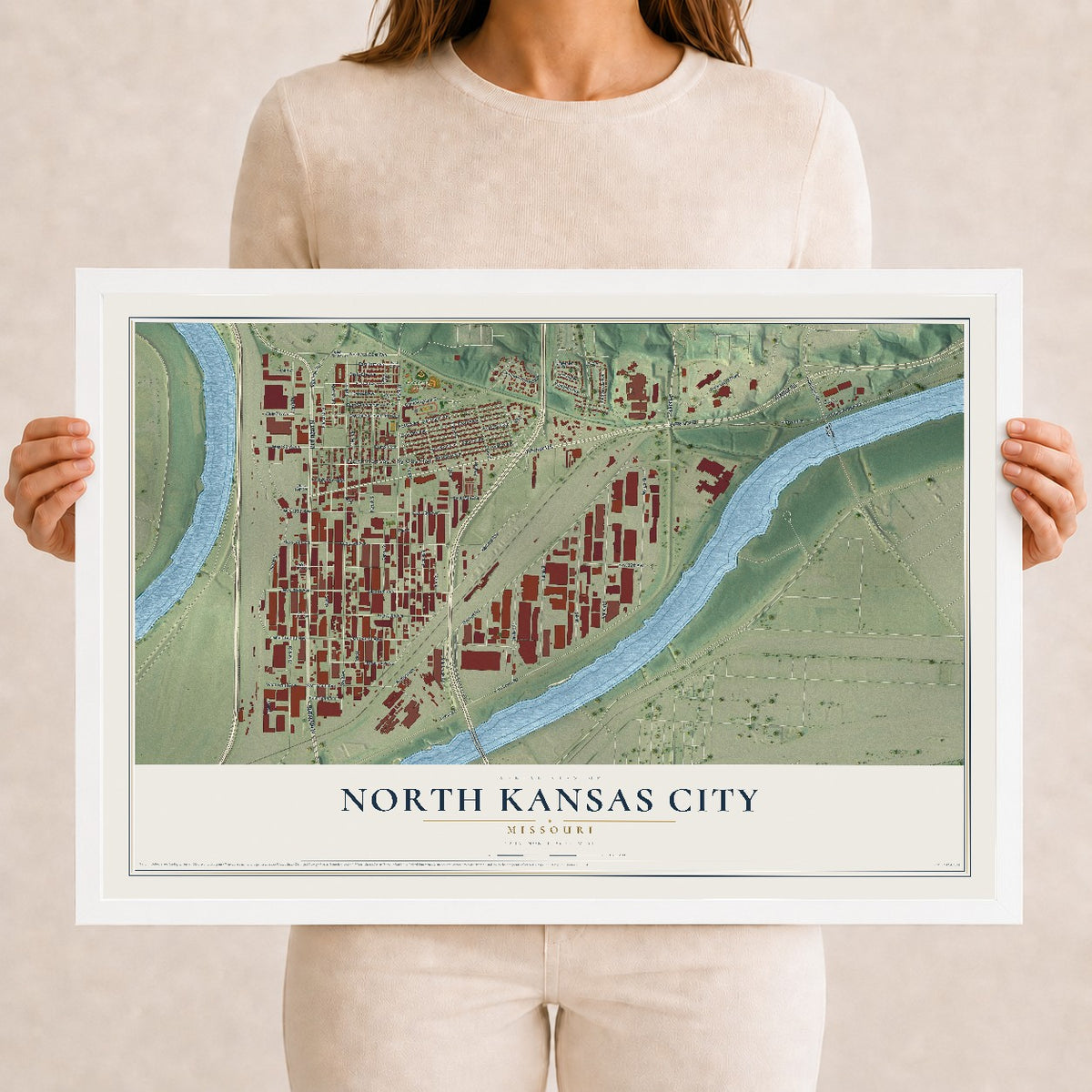Map of North Kansas City, Missouri, 12 x 18 inch print in a white wood frame