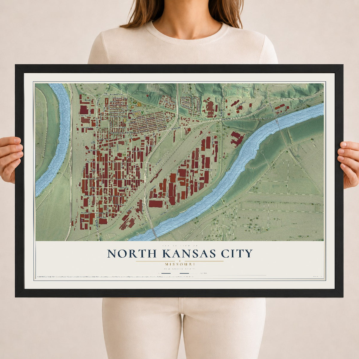 Map of North Kansas City, Missouri, 18 x 24 inch print in a black wood frame