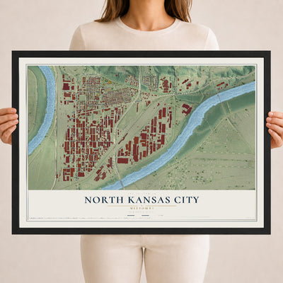 Map of North Kansas City, Missouri, 18 x 24 inch print in a black wood frame