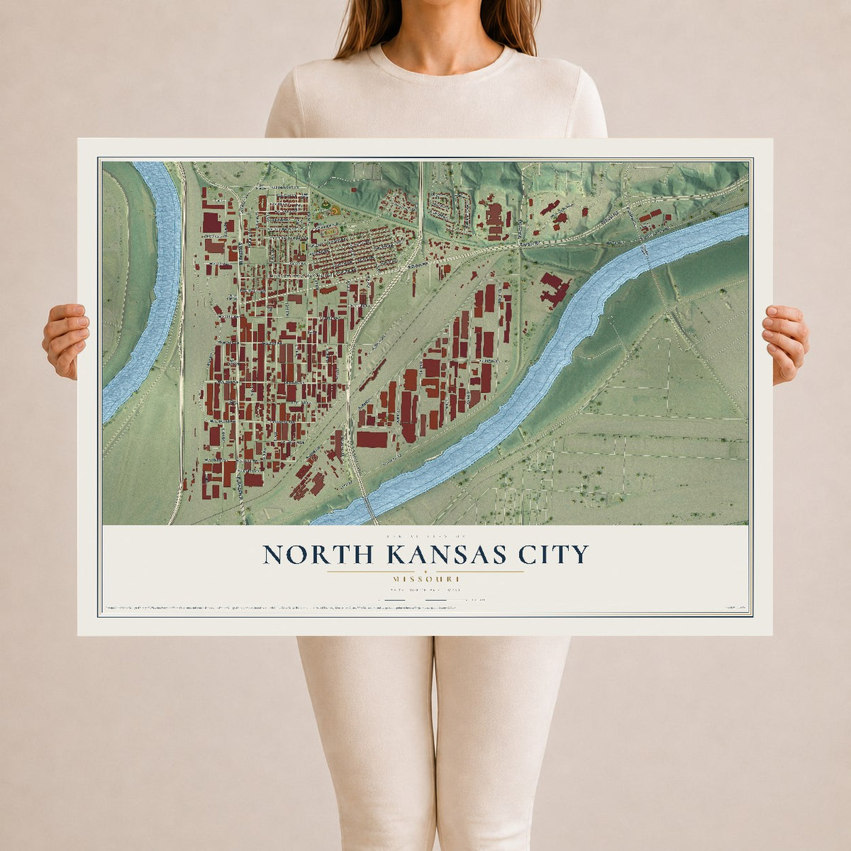 Map of North Kansas City, Missouri, 24 x 36 inch unframed archival matte print