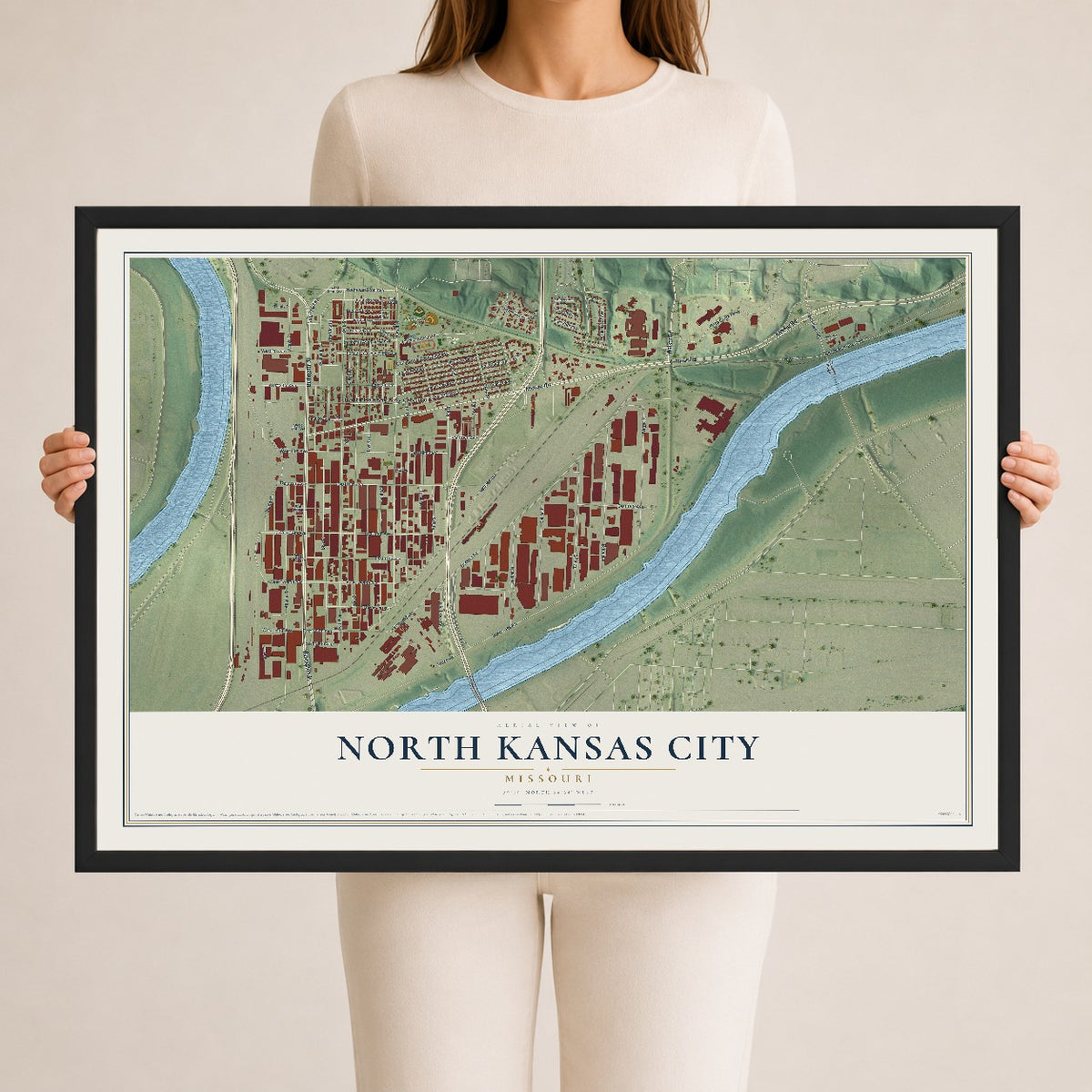 Map of North Kansas City, Missouri, 24 x 36 inch print in a black wood frame