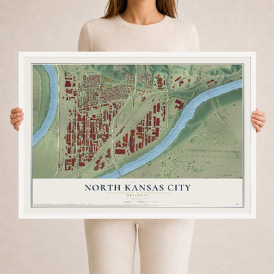 Map of North Kansas City, Missouri, 24 x 36 inch print in a white wood frame