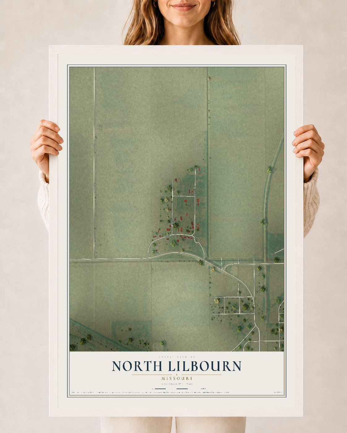 Map of North Lilbourn, Missouri, 24 x 36 inch print in a white wood frame