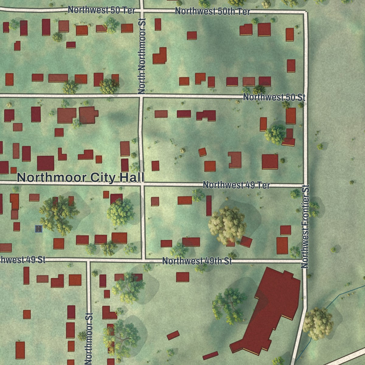 Close-up of the map of Northmoor, Missouri print showing street and building detail