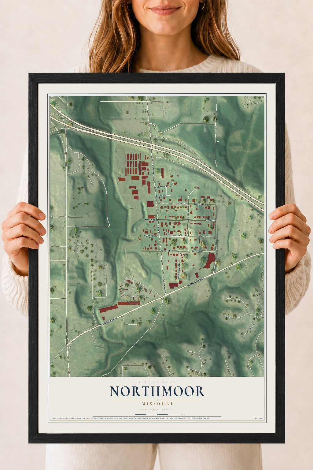Map of Northmoor, Missouri, 18 x 24 inch print in a black wood frame