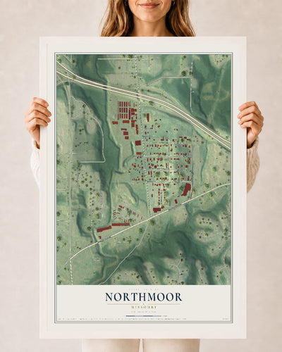 Map of Northmoor, Missouri, 24 x 36 inch print in a white wood frame