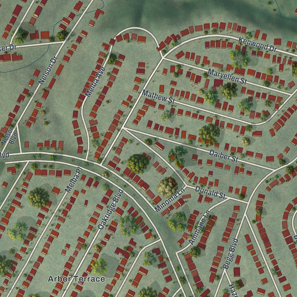 Close-up of the map of Northwoods, Missouri print showing street and building detail