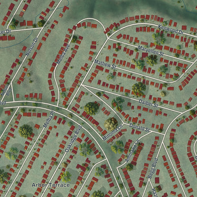 Close-up of the map of Northwoods, Missouri print showing street and building detail