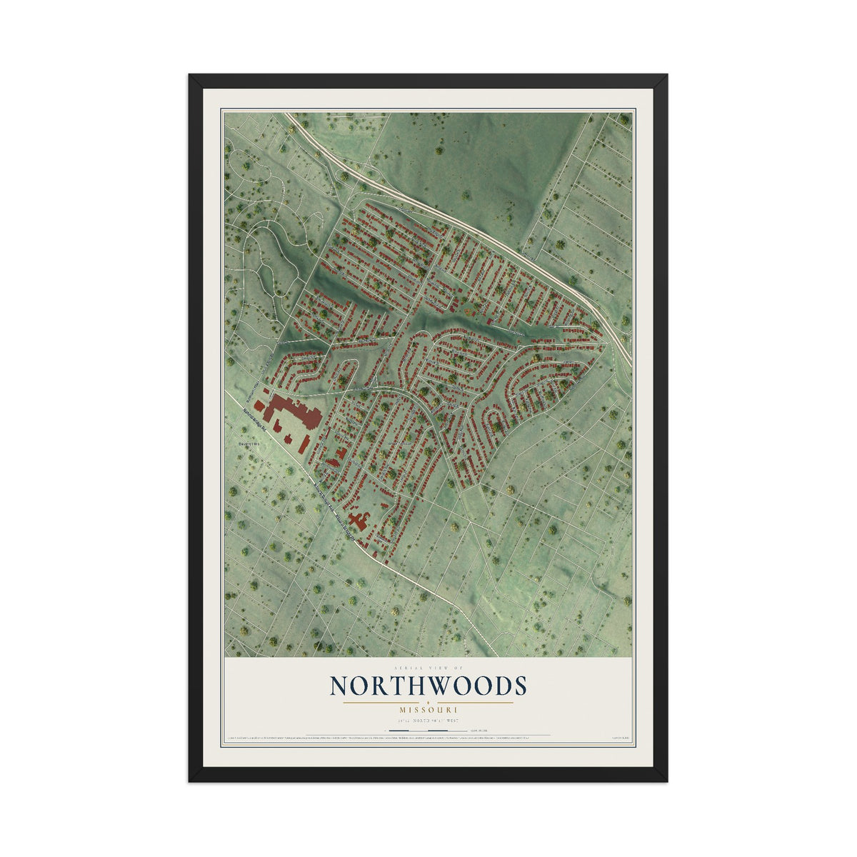 Map of Northwoods, Missouri, 12 x 18 inch print in a black wood frame