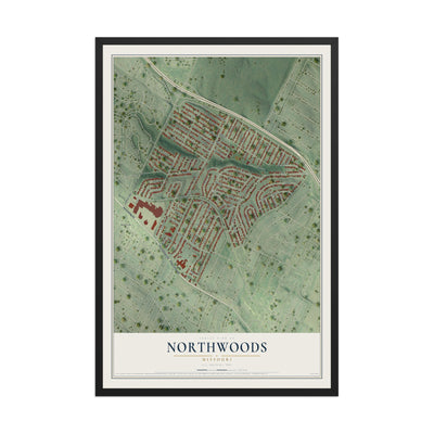 Map of Northwoods, Missouri, 12 x 18 inch print in a black wood frame