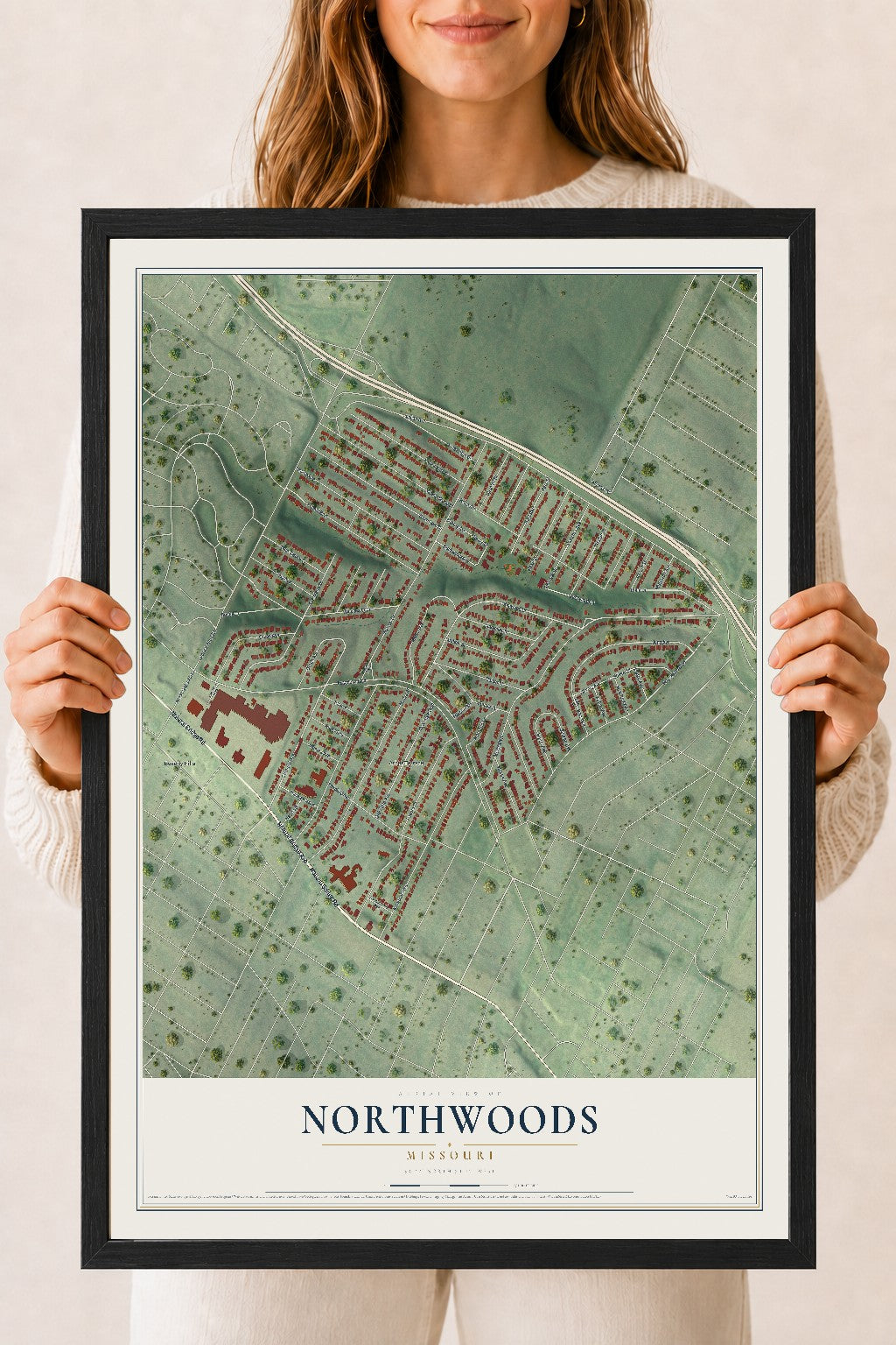 Map of Northwoods, Missouri, 18 x 24 inch print in a black wood frame