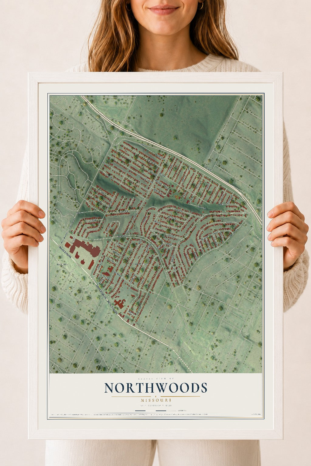 Map of Northwoods, Missouri, 18 x 24 inch print in a white wood frame