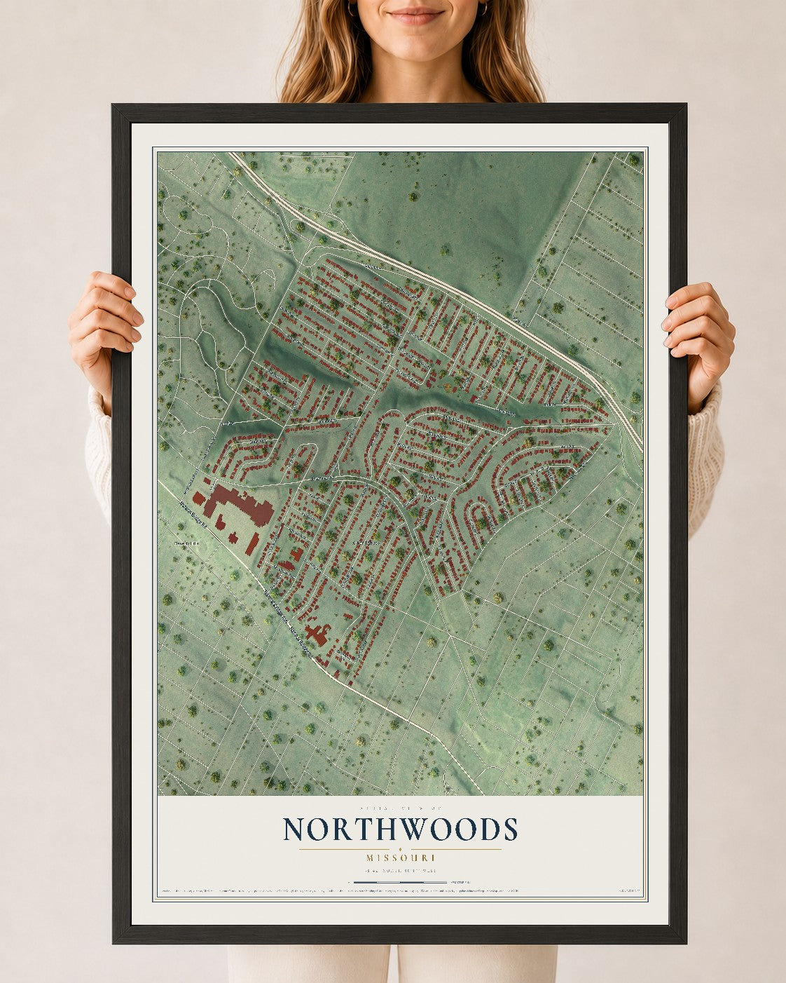 Map of Northwoods, Missouri, 24 x 36 inch print in a black wood frame