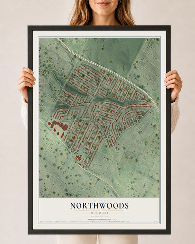 Map of Northwoods, Missouri, 24 x 36 inch print in a black wood frame