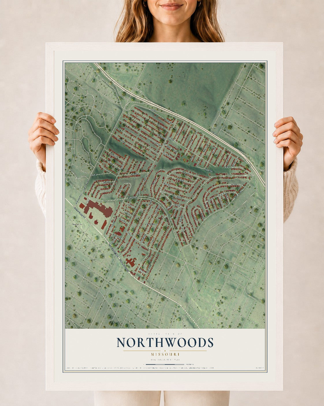 Map of Northwoods, Missouri, 24 x 36 inch print in a white wood frame
