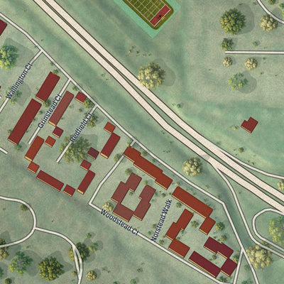 Close-up of the map of Norwood Court, Missouri print showing street and building detail