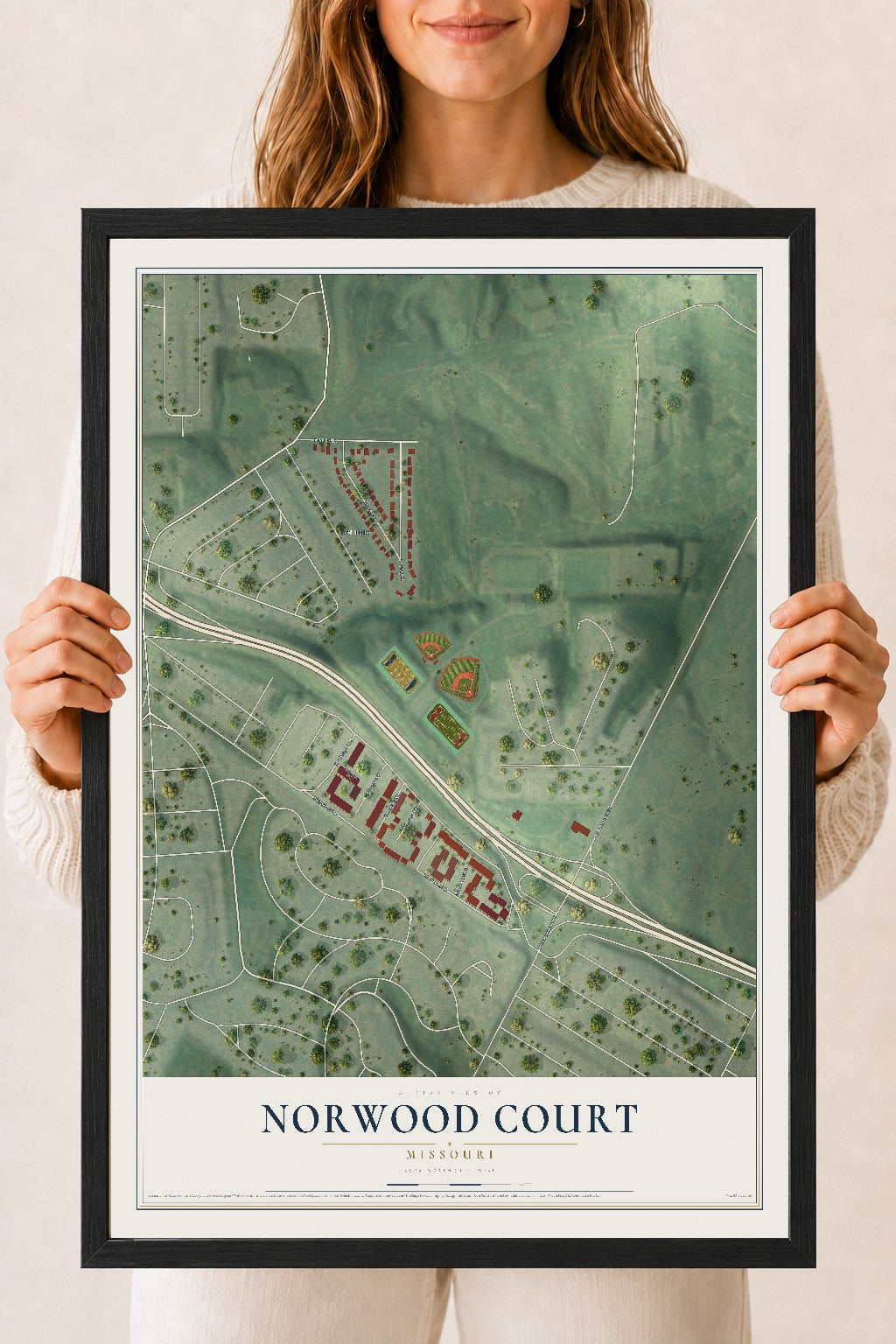 Map of Norwood Court, Missouri, 18 x 24 inch print in a black wood frame
