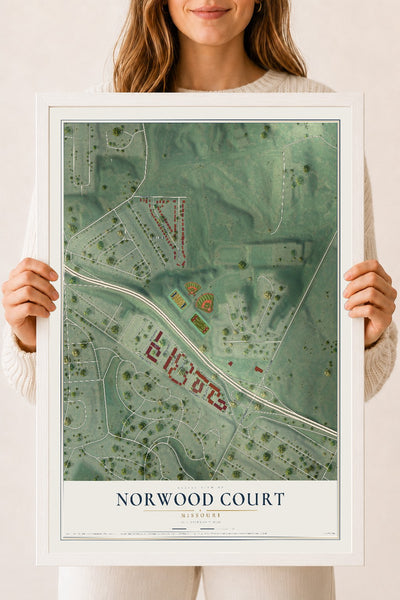 Map of Norwood Court, Missouri, 18 x 24 inch print in a white wood frame