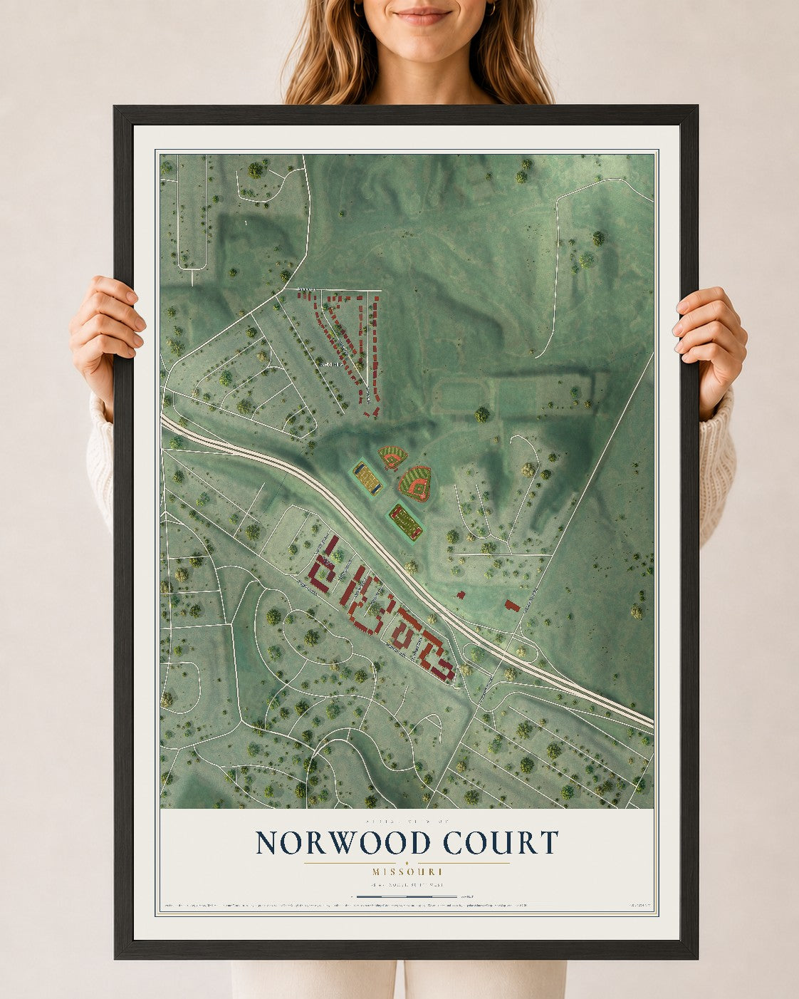 Map of Norwood Court, Missouri, 24 x 36 inch print in a black wood frame
