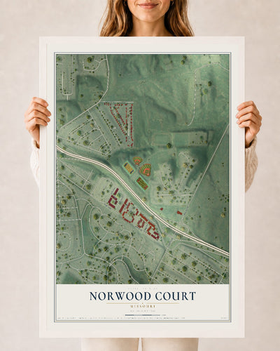 Map of Norwood Court, Missouri, 24 x 36 inch print in a white wood frame