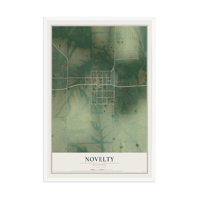 Map of Novelty, Missouri, 12 x 18 inch print in a white wood frame