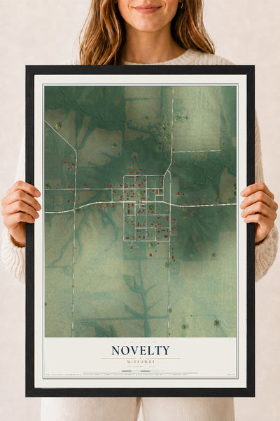 Map of Novelty, Missouri, 18 x 24 inch print in a black wood frame