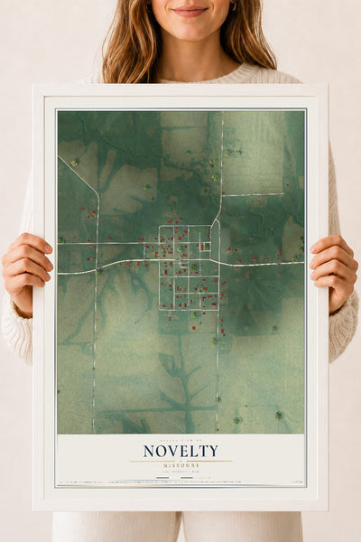 Map of Novelty, Missouri, 18 x 24 inch print in a white wood frame
