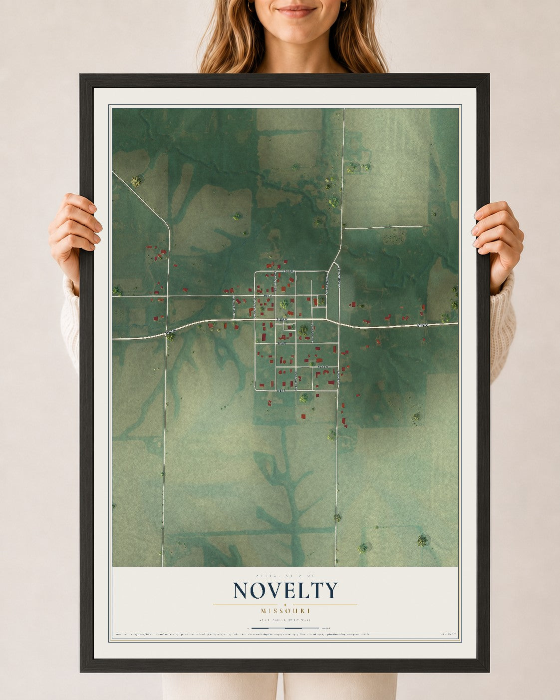 Map of Novelty, Missouri, 24 x 36 inch print in a black wood frame