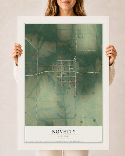 Map of Novelty, Missouri, 24 x 36 inch print in a white wood frame