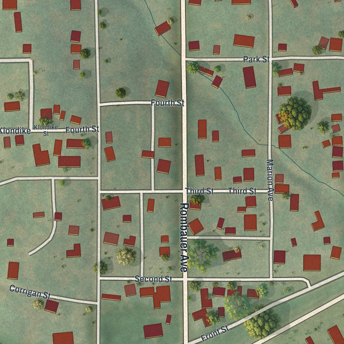 Close-up of the map of Novinger, Missouri print showing street and building detail