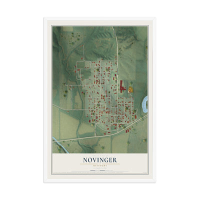 Map of Novinger, Missouri, 12 x 18 inch print in a white wood frame