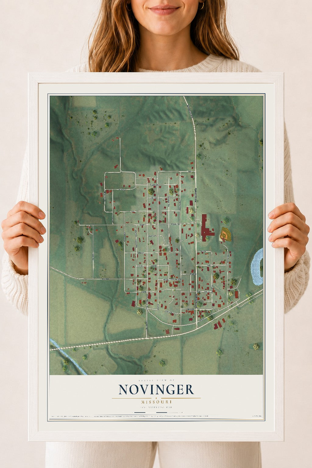 Map of Novinger, Missouri, 18 x 24 inch print in a white wood frame