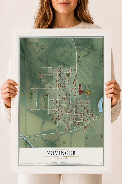 Map of Novinger, Missouri, 18 x 24 inch print in a white wood frame