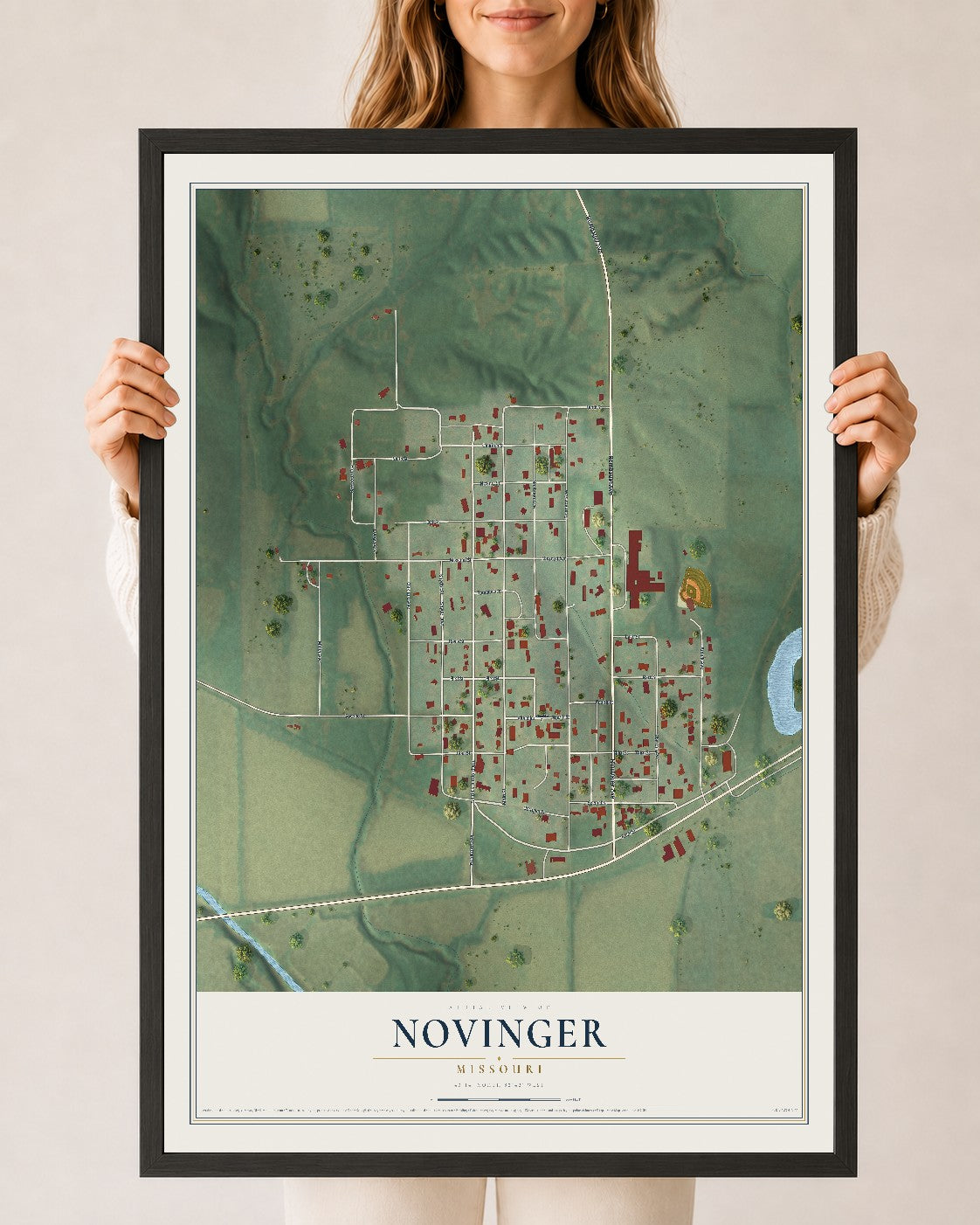 Map of Novinger, Missouri, 24 x 36 inch print in a black wood frame