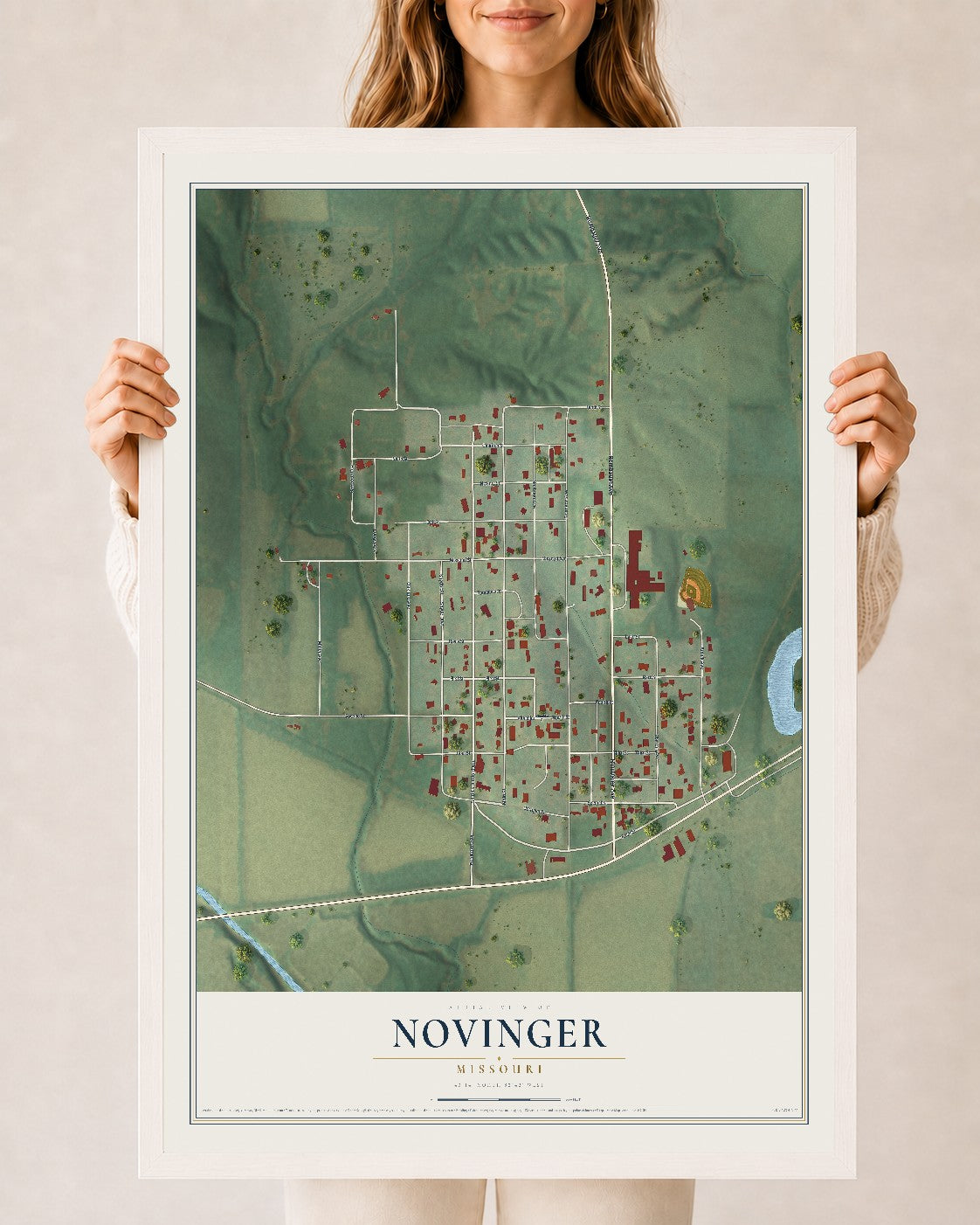 Map of Novinger, Missouri, 24 x 36 inch print in a white wood frame