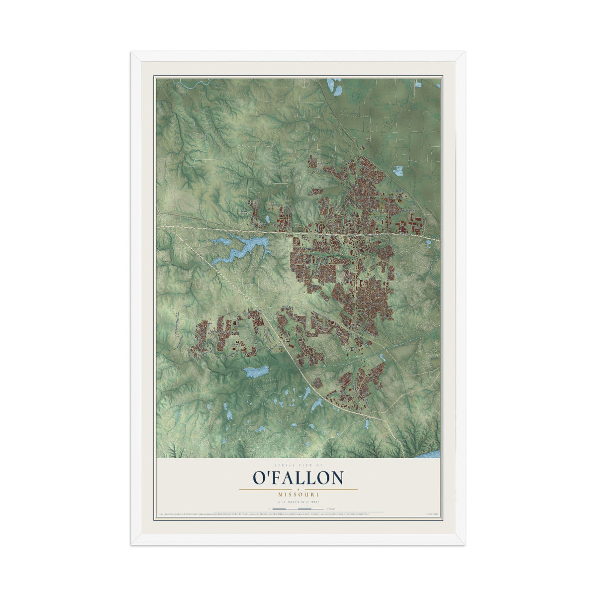 Map of O'Fallon, Missouri, 12 x 18 inch print in a white wood frame