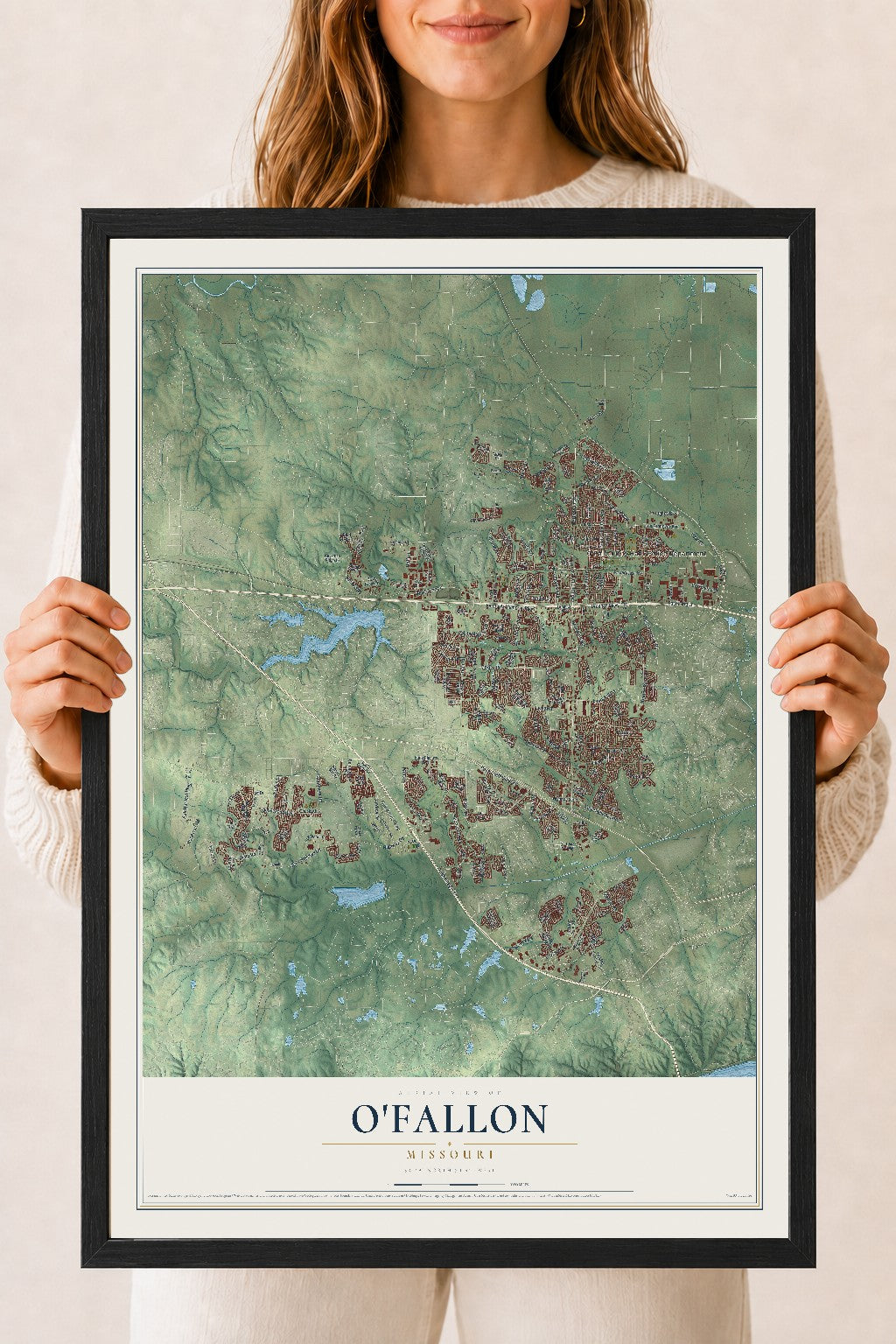 Map of O'Fallon, Missouri, 18 x 24 inch print in a black wood frame