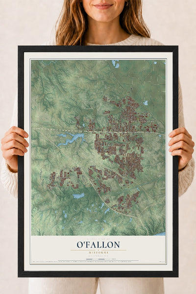 Map of O'Fallon, Missouri, 18 x 24 inch print in a black wood frame